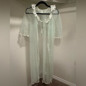 Berkliff Vintage - Peignoir Sheer Robe - Mint Green and White Lace - 100% Nylon